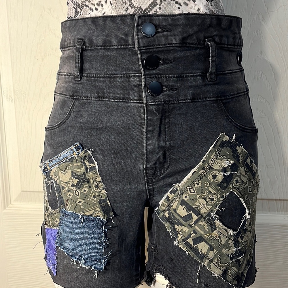 Upcycled Patchwork Black Refuge Black Jean Shorts - image 1